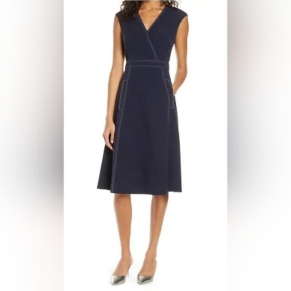 1901 Navy Blue Contrast Crepe Topstitch V-Neck A-Line Dress With Pockets Size 6